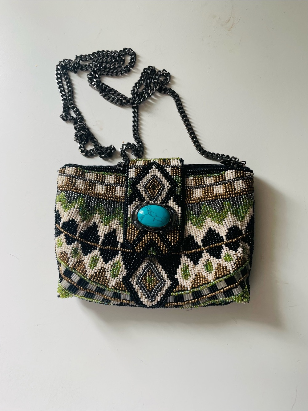 Mary Frances Beaded Crossbody with Turquoise Stone — Green, Black, Cream
